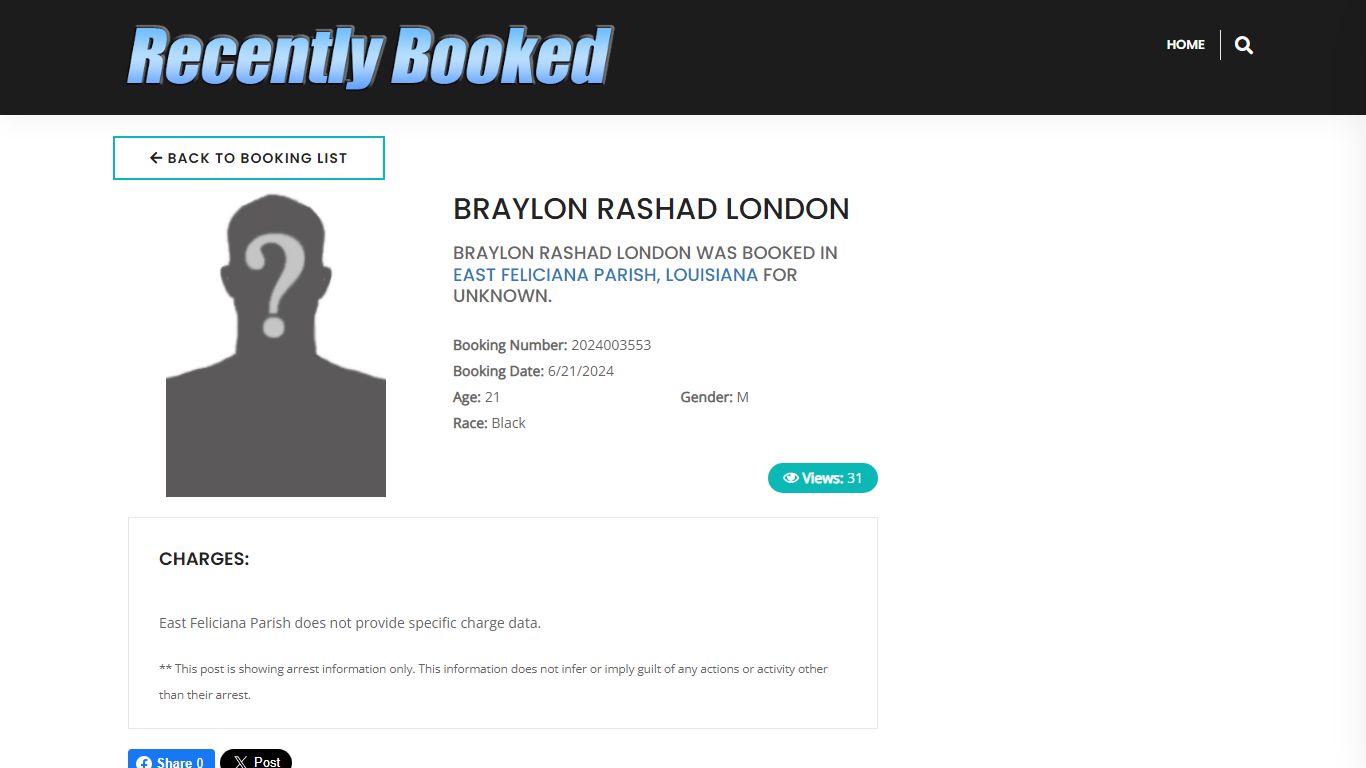 Recent Booking / Mugshot for BRAYLON RASHAD LONDON in East Feliciana ...